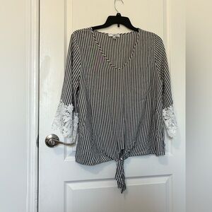 Moa Moa Black and White Striped Blouse with Lace Accents